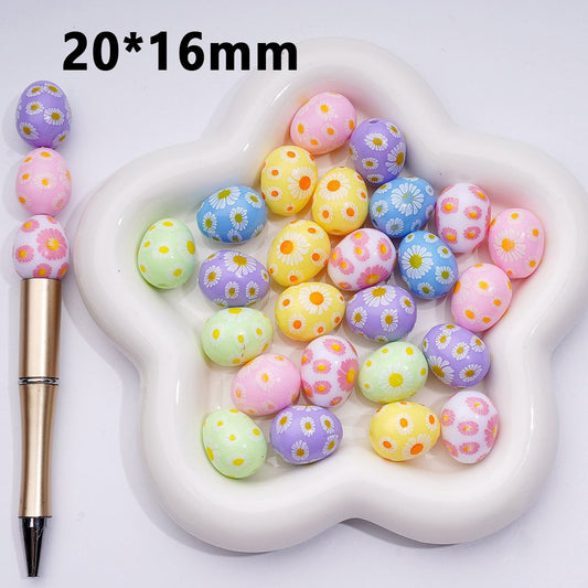 Mini Cute Multi-Color Daisy Flowers Prints Oval Egg Shape Acrylic Beads, Around 20*16MM