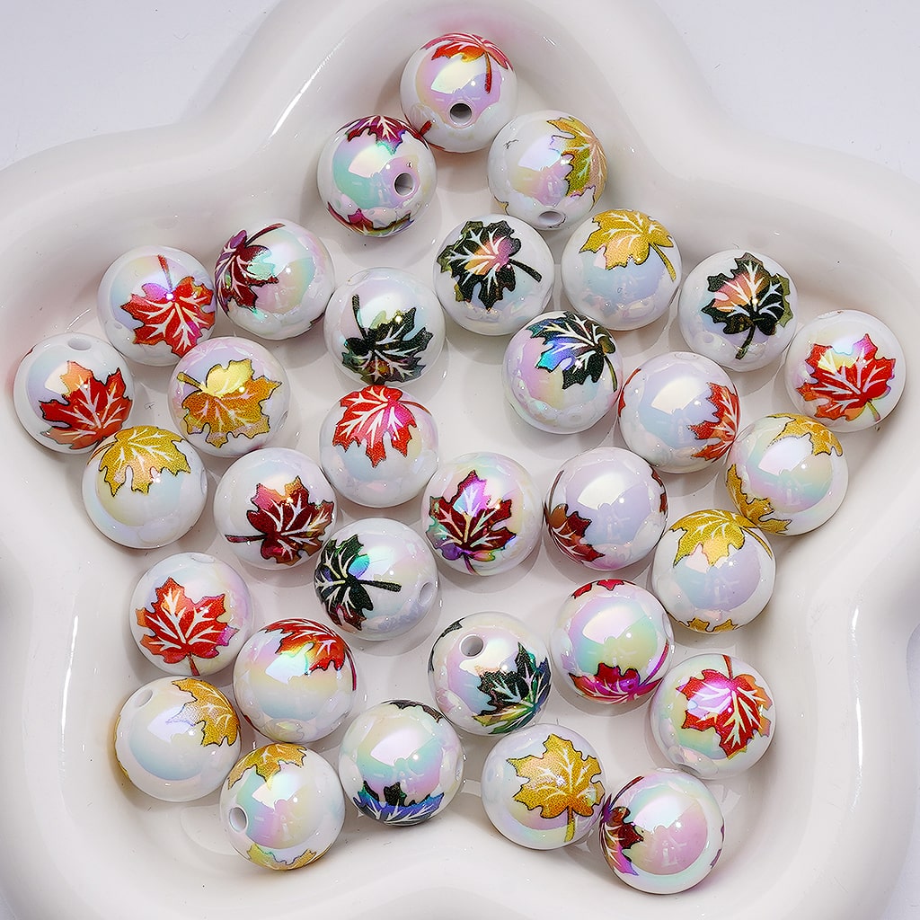 UV Coating Multi-Color Maple leaves Jelly White Clear Round Acrylic Beads, 16MM