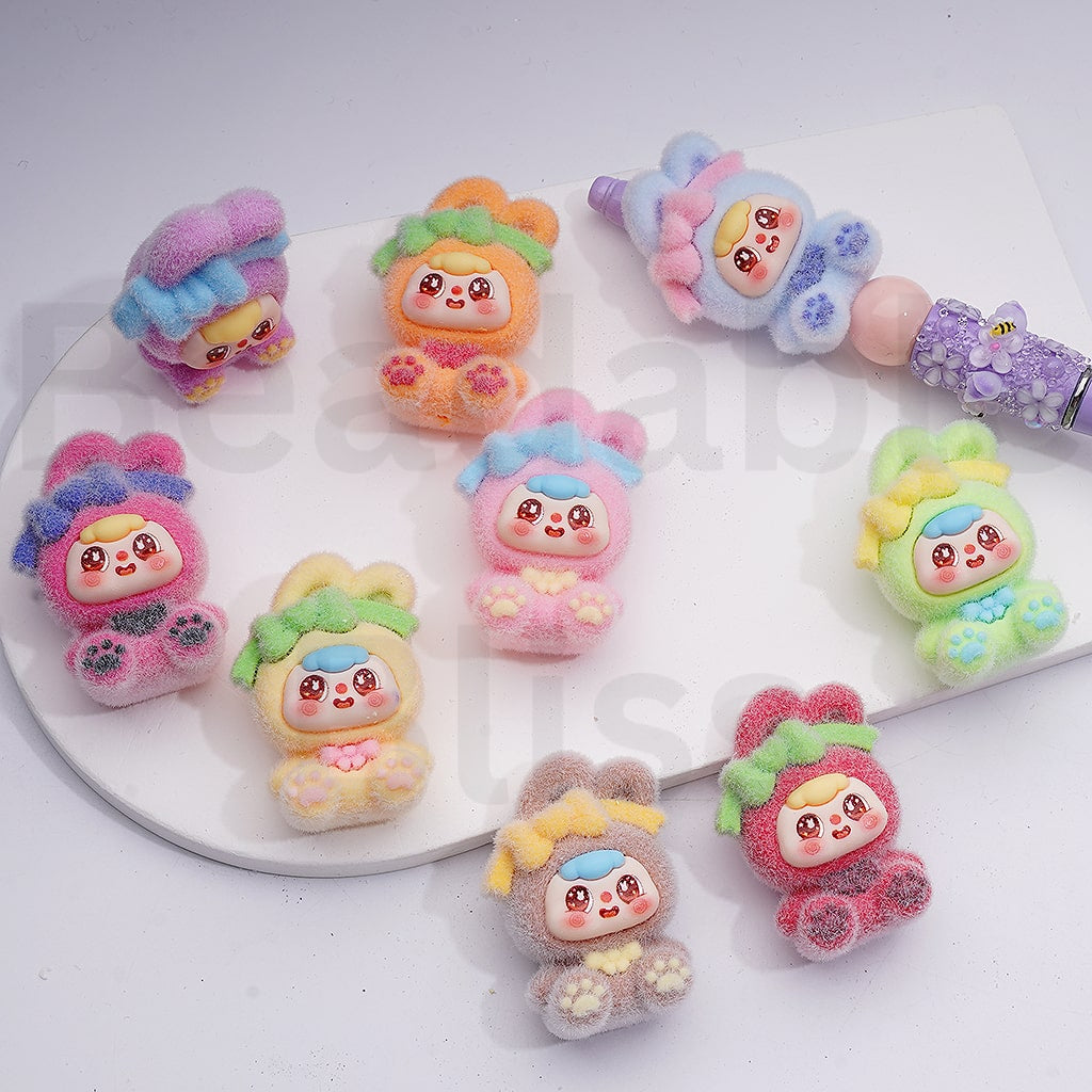 Cute Flocked Bunny Baby with Bowknots Pendants Pen Topper Acrylic Beads Jewelry Accessories, 43*30MM, Random Mix