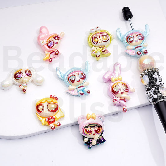 Acrylic Beads UV Coating Cute Powerpuf Gir with Sanri Costume My Melod Cinnamonrol Keropp, Random Mix