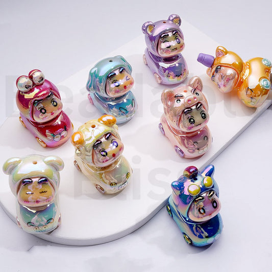 UV Coating Cute Crayo Shin-cha in Animal Costume Drives the Car Acrylic Beads, 34*37*37MM, Random Mix