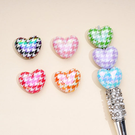 Heart Acrylic Beads with Houndstooth Pattern, Dogstooth, Pied-de-Poule AYS