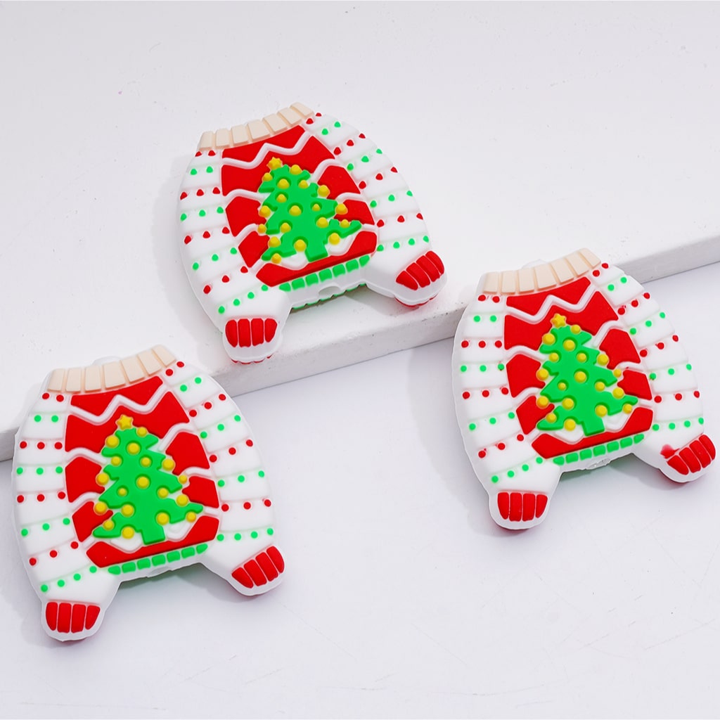 Cute Christmas Gingerbread Tree Sweater with  Red Green Dots Silicone Focal Beads
