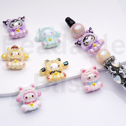 Acrylic Beads UV Coating Sanri Hello Kitt Kurom My Melod Po Po Puri Cinnamonrol with Cat Hat, Random Mix
