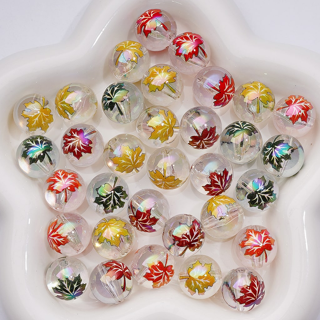 UV Coating Multi-Color Maple leaves Jelly White Clear Round Acrylic Beads, 16MM
