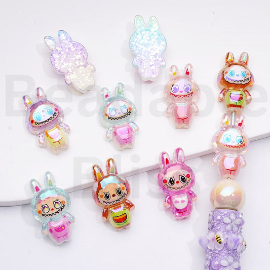 UV Coating Shiny Confetti Inside Cute Labub Acrylic Beads, Around 31*18MM, Random Mix