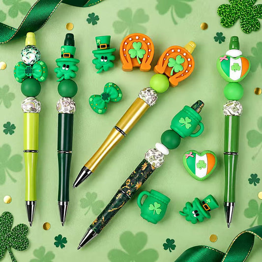 3D Saint Patrick's Day Theme Silicone Focal Beads, Green Four Leaf Clover Series