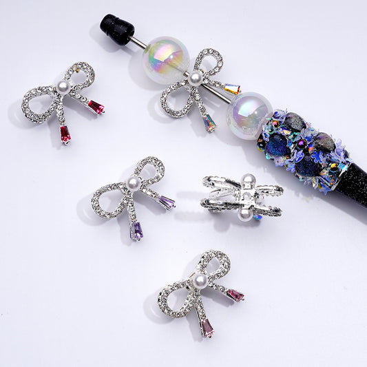 Bling Bling Fancy Silver Alloy Bowknot Beads with White Pearls Mini Clear & Colorful Shiny Rhinestones, Around 26*20MM, Random Mix