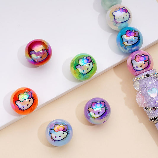 HK 猫の顔付きアクリルビーズ、両面、16mm、UV 仕上げ、ランダムミックスカラー、SJ