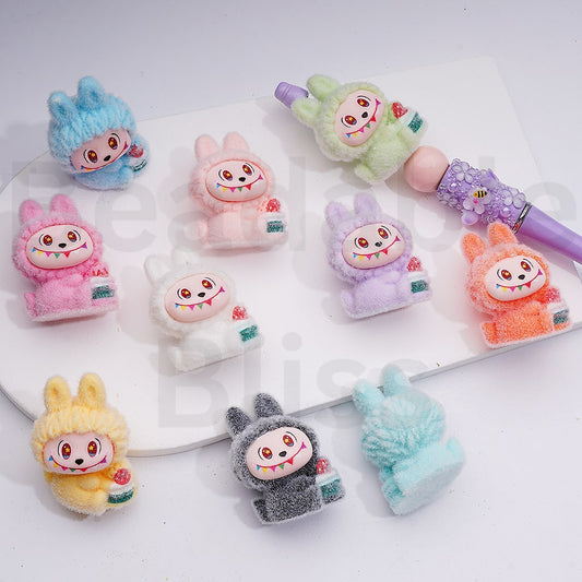 Cute Flocked Labub Holds Flower Pot Pendants Pen Topper Acrylic Beads Jewelry Accessories, 39*28MM, Random Mix