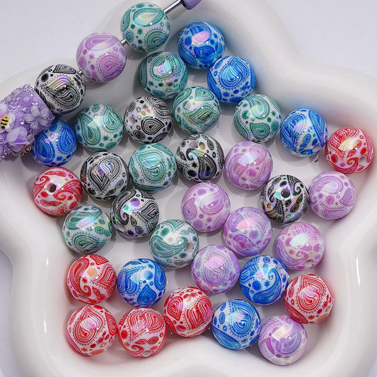 UV Coating Multi-Color Water Drop Pattern White Round Acrylic Beads, 16MM