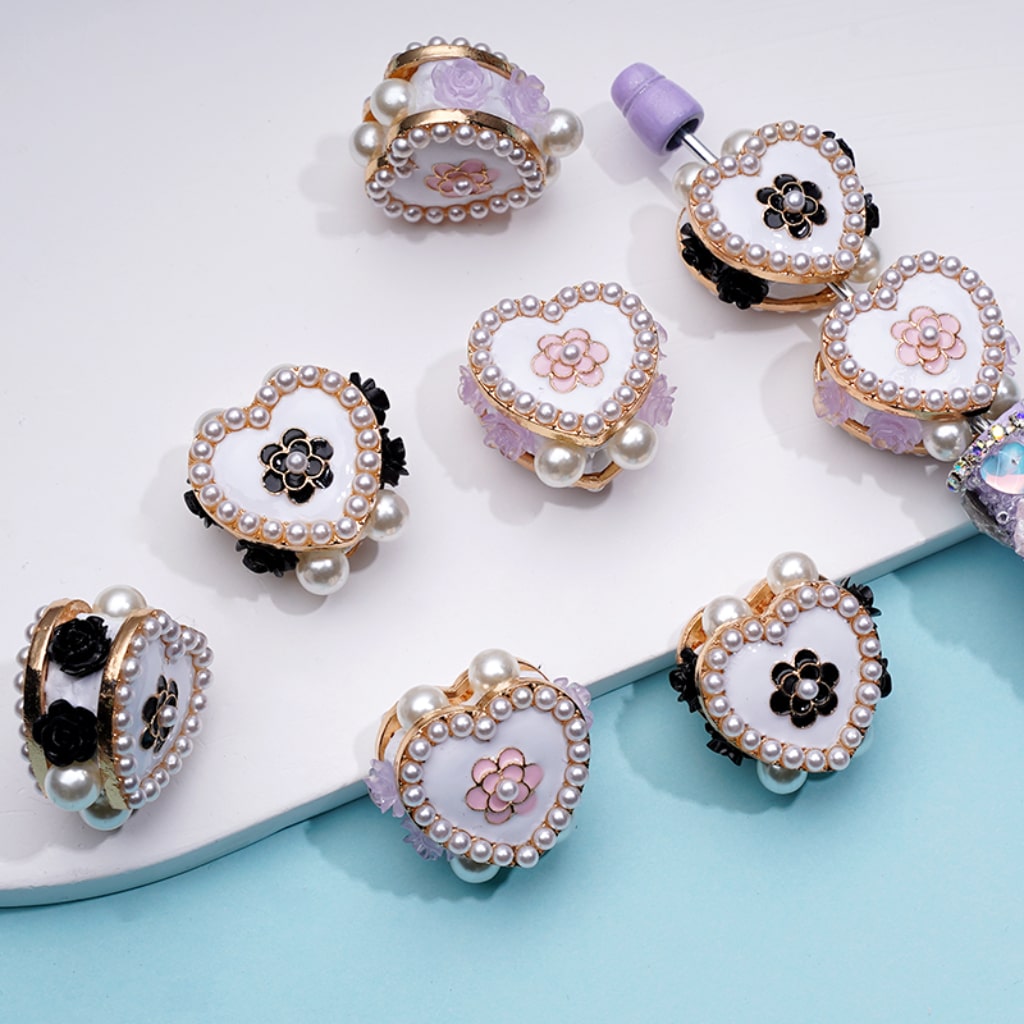Fancy Exquisite Gold Alloy Heart with White Pearls Black & Purple Flowers Clay Beads, Around 22*21MM