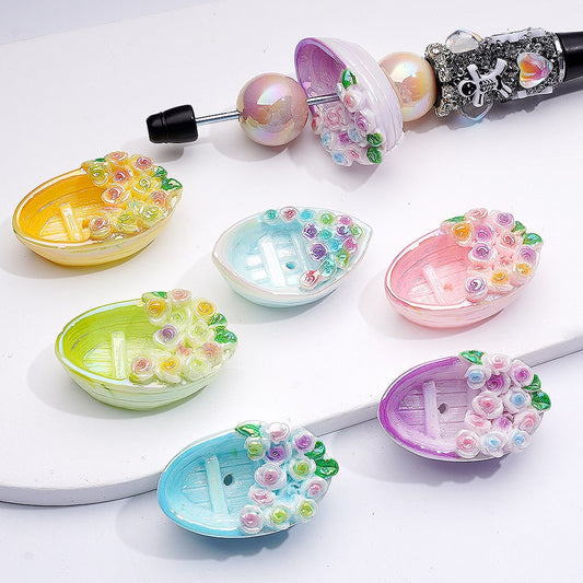 Acrylic Beads UV Coating Cute Boat with Flowers Solid Color 35*22MM, Random Mix
