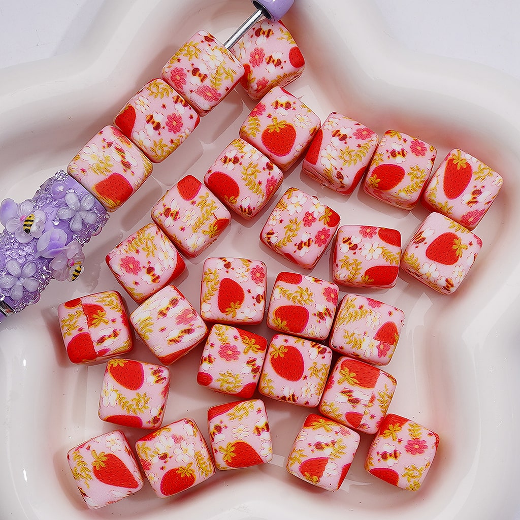 Cute Strawberries Bees Flowers Printed Cube Square Silicone Beads, 14MM