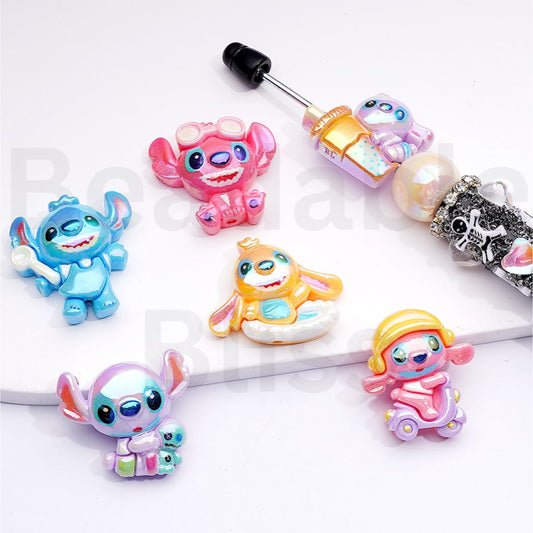 Acrylic Beads UV Coating Cute Cartoon Disne Stitc Yellow Blue Pink Purple Color, Random Mix
