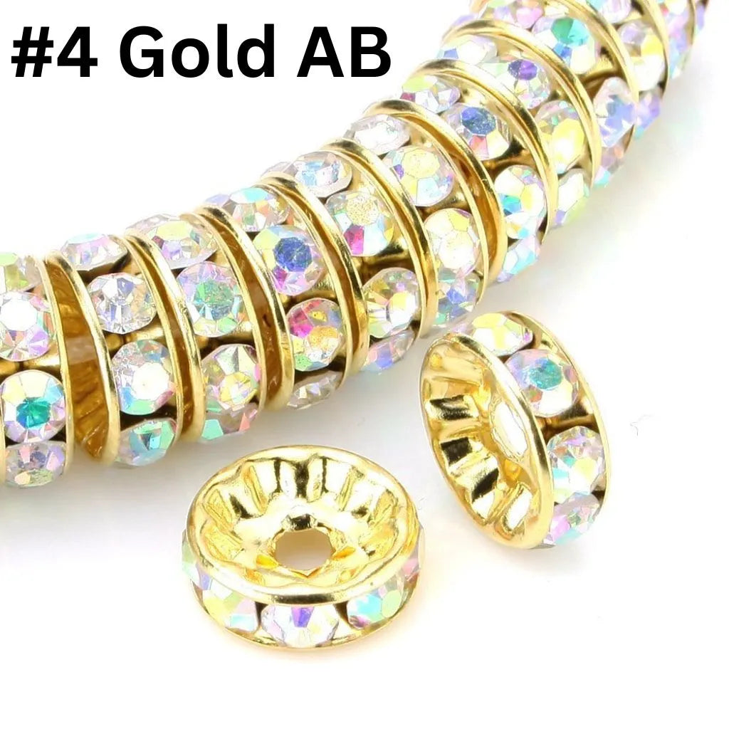 Straight Flat Round Metal Spacers with Rhinestones in Solid Colors, 10mm