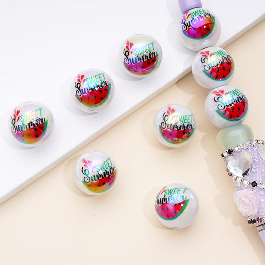 White UV Coating Acrylic Beads with Sliced Watermelon Prints, Random Mix, 16MM