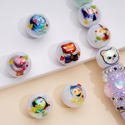 インサイドアウトの漫画プリント入りホワイトUVコーティングアクリルビーズ、ランダムミックス、16MM