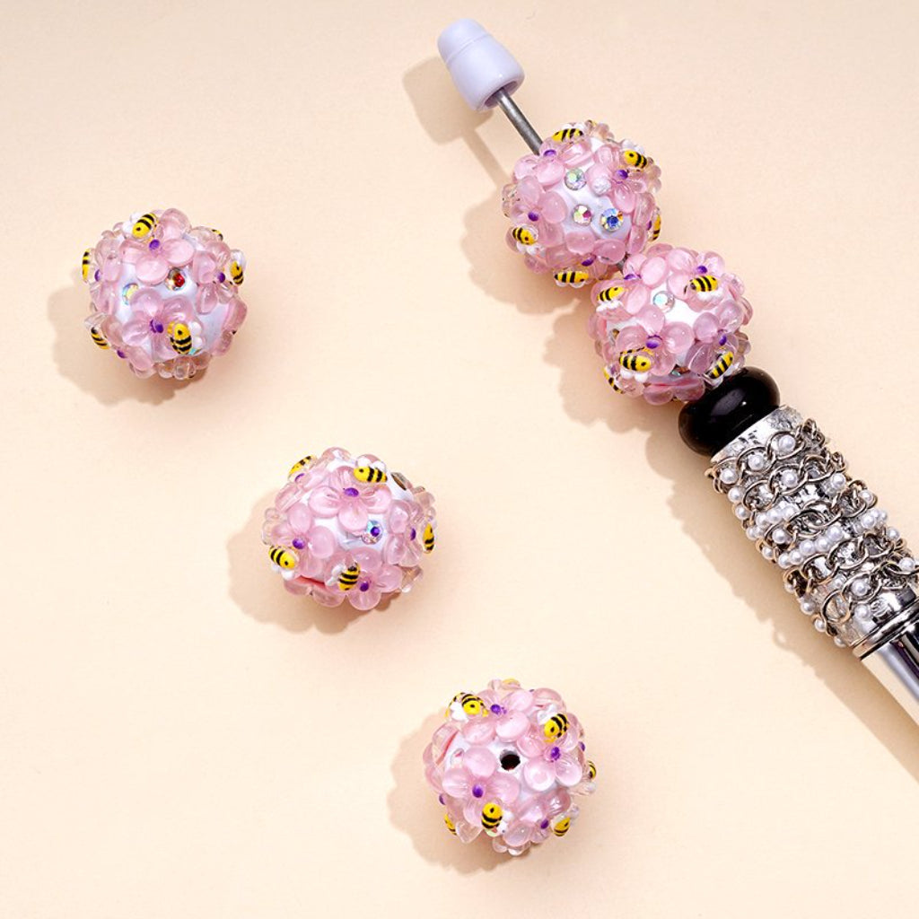 Yellow Cute Bees Colorful Flowers AB Rhinestones White Round Clay Beads, Around 20MM