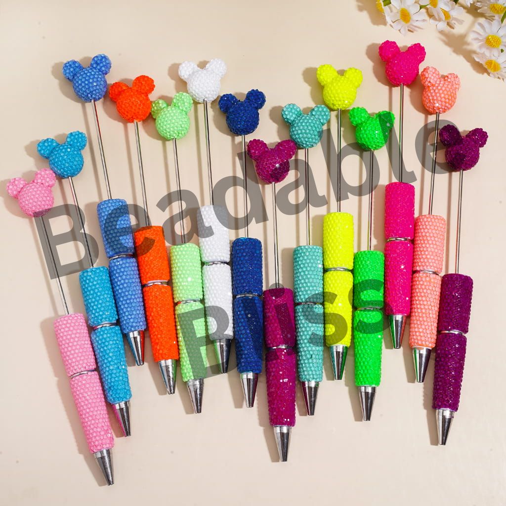 DIY Beadable Clay Pens w Mouse Head Topper, Bling Rhinestones Full Coverage the Entire Pen, Fluorescent Colors (Please Read Description)