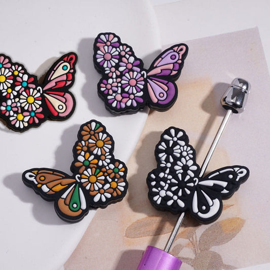 Silicone Focal Beads Butterfly with Daisy Flowers on Wing, Multi-Color