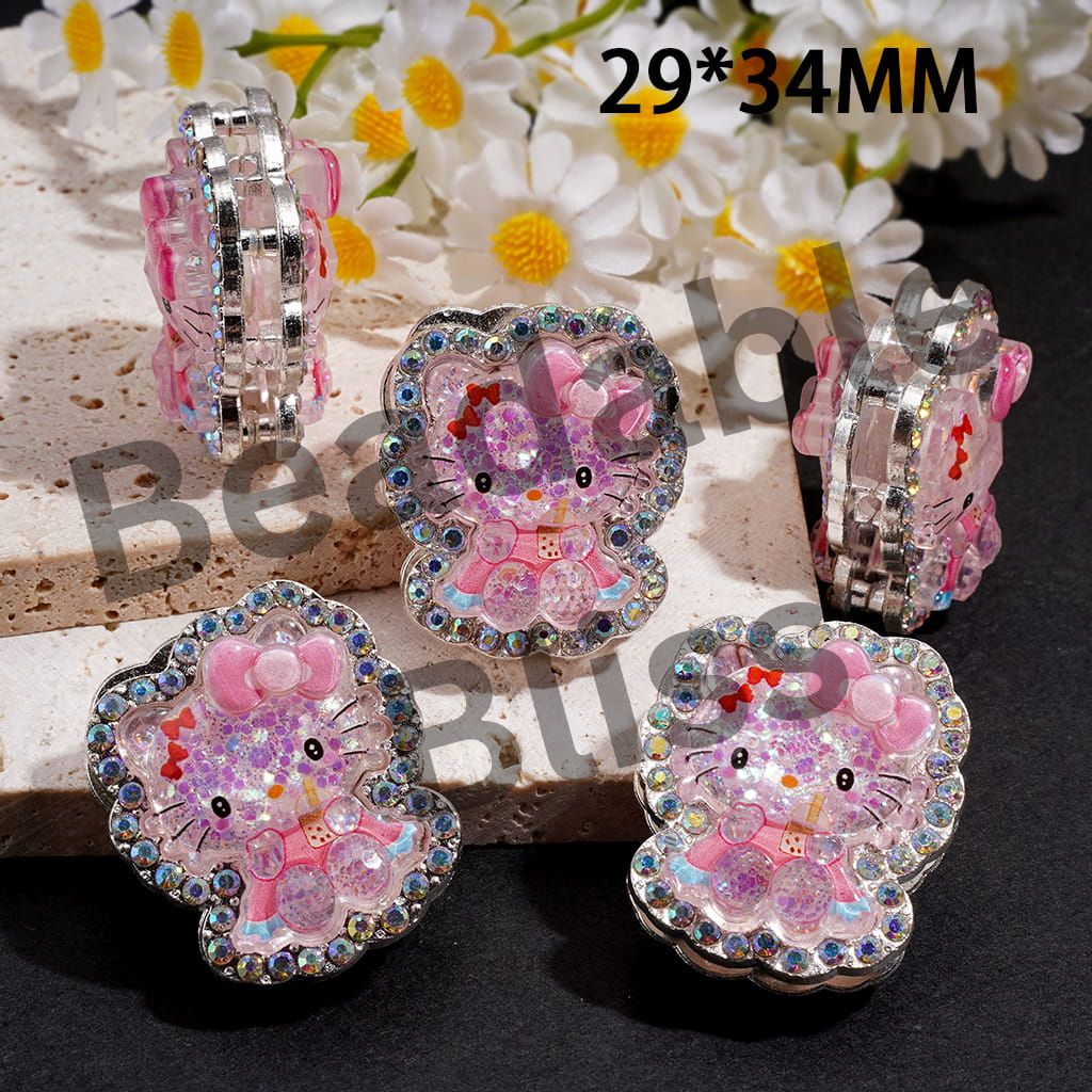 Silver Metal Beads Cute Cat Character w AB Rhinestones & Glitter Sequins, 29*34MM