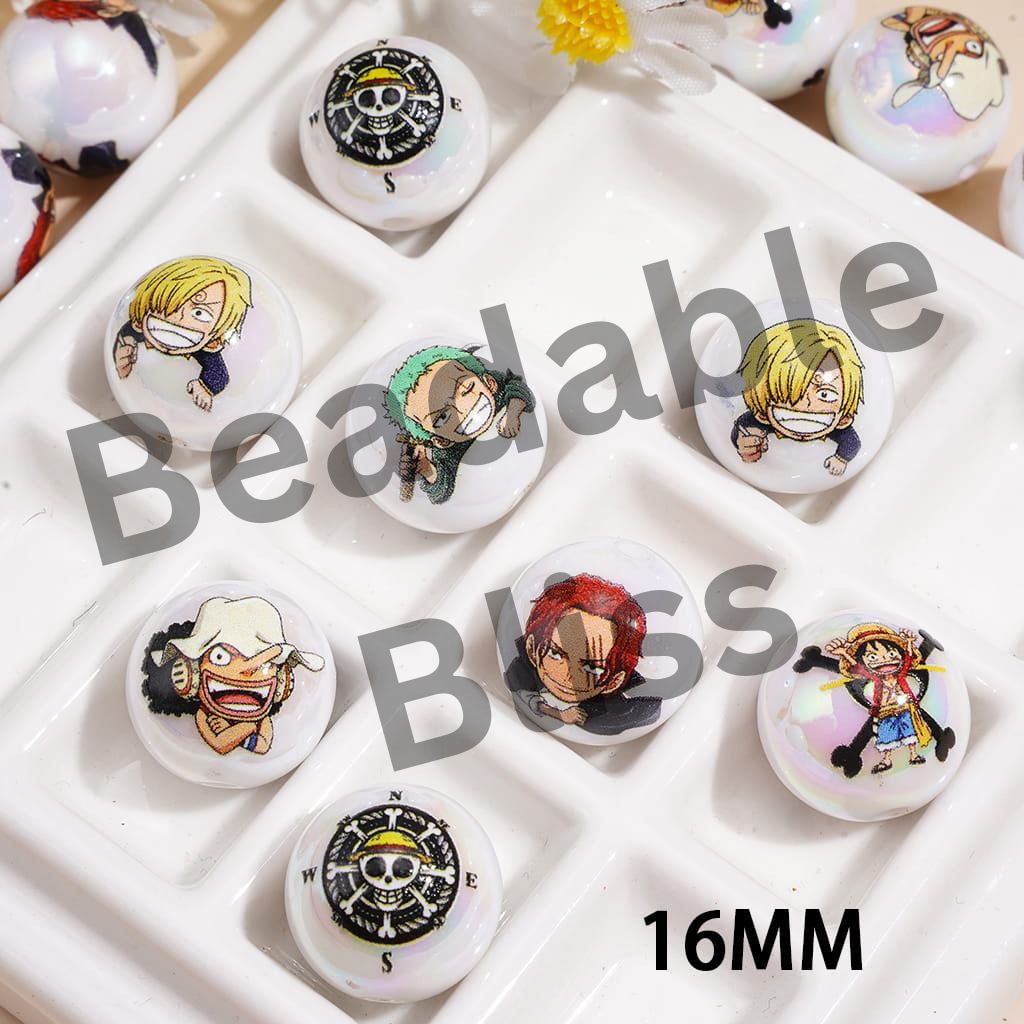 UV Coating Acrylic Beads for Bracelets with Pirate Crew Character Series Print, 16MM, Random Mix
