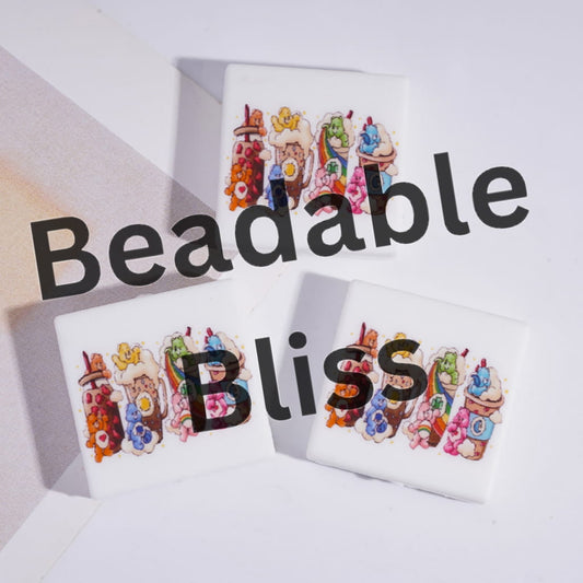 Silicone Focal Beads Rainbow Bears Milk Tea Party Theme, Flat Square Shape