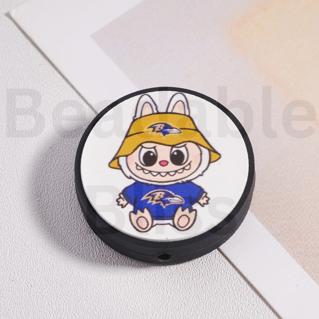 Silicone Focal Beads L-B-B & American Football Team NF Series, Flat Round Shape
