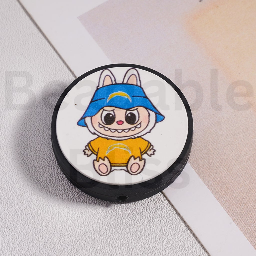 Silicone Focal Beads L-B-B & American Football Team NF Series, Flat Round Shape