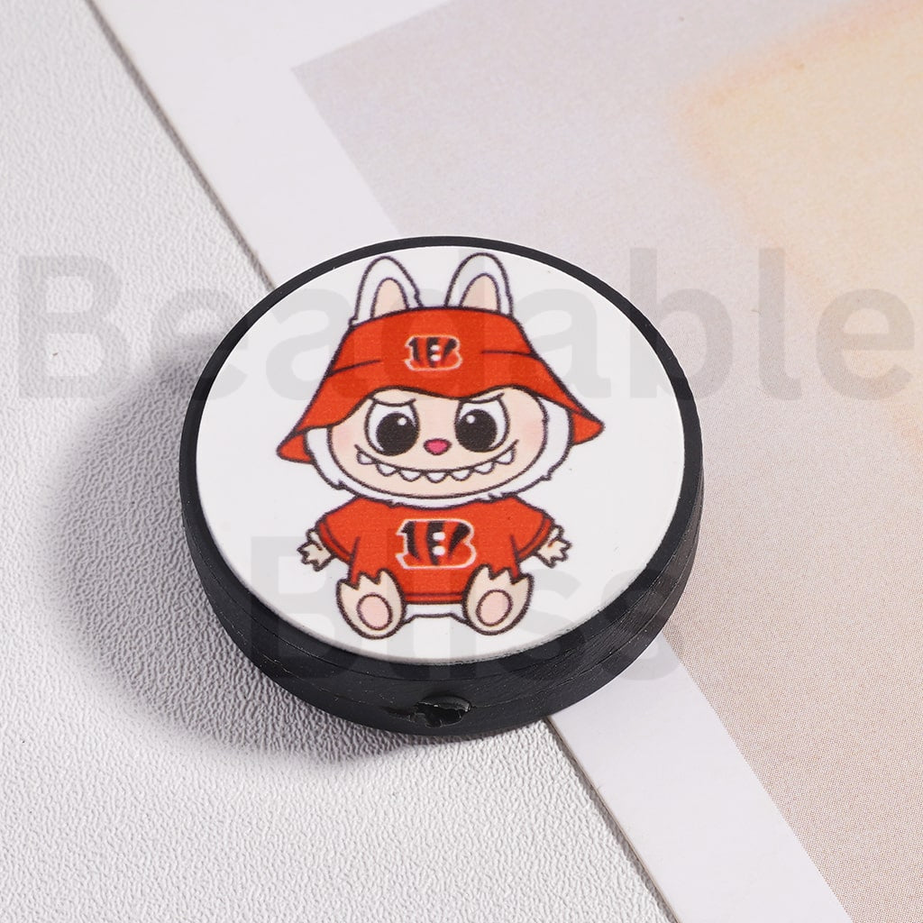 Silicone Focal Beads L-B-B & American Football Team NF Series, Flat Round Shape
