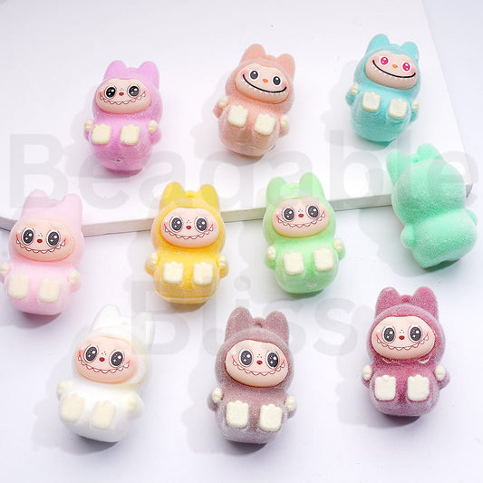 Cute Flocked Fluffy Labub Monster Pop Mar with Mini Dangle Ring Acrylic Pendant (No Hole), Around 26*40MM, Random Mix