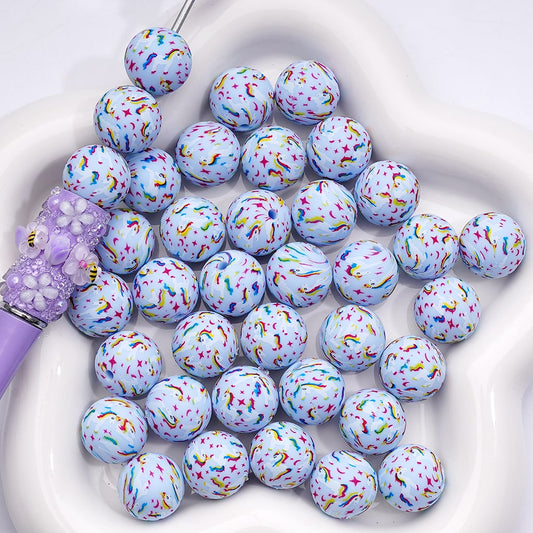 Printed Silicone Beads with Unicorn Star Moon, Mini Blue 15MM