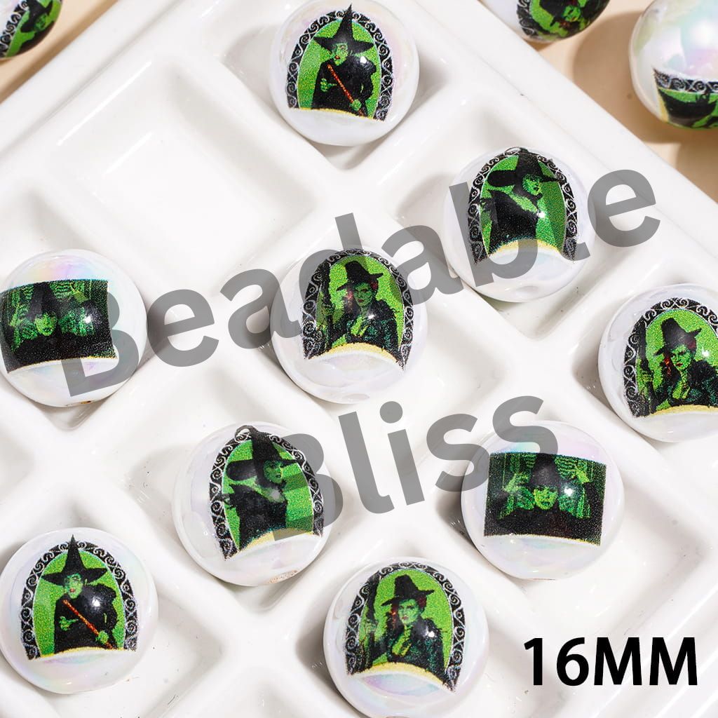 UV Coated Acrylic Beads for Bracelet w Green Witch, Halloween Theme Print, 16MM, Random Mix