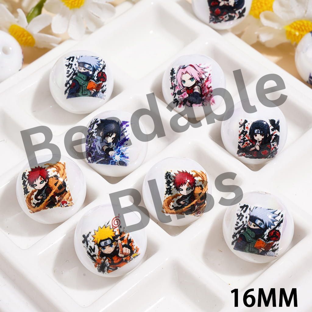 UV Coating Acrylic Beads for Bracelets w Japan Anime Fire Ninja Character Series, 16MM, Random Mix