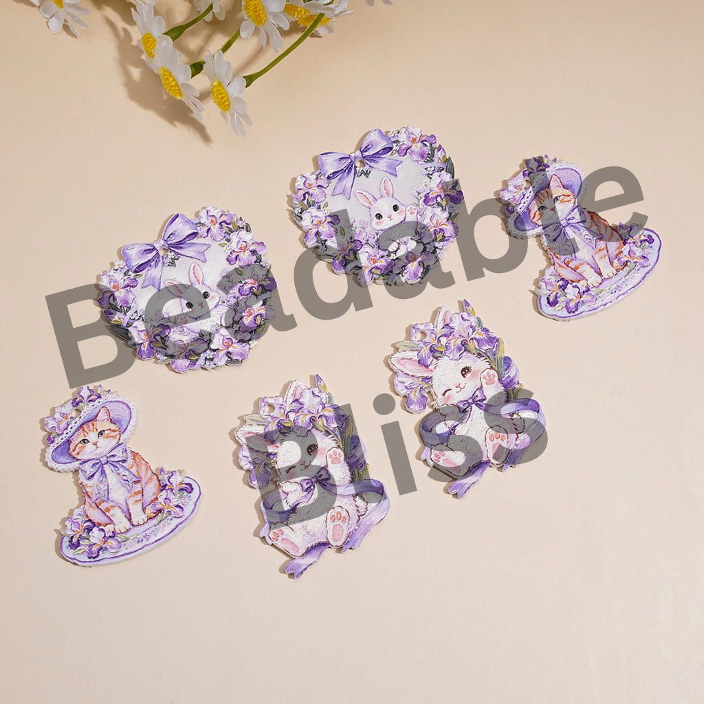 Acrylic Charm Pendants with Purple Iris Flower, Bunny & Kitten Design, Random Mix