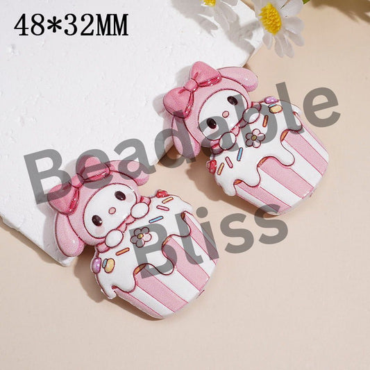 Acrylic Beads with Bunny-Like Girl Character on Cupcake, Raised Textured, 48*32MM