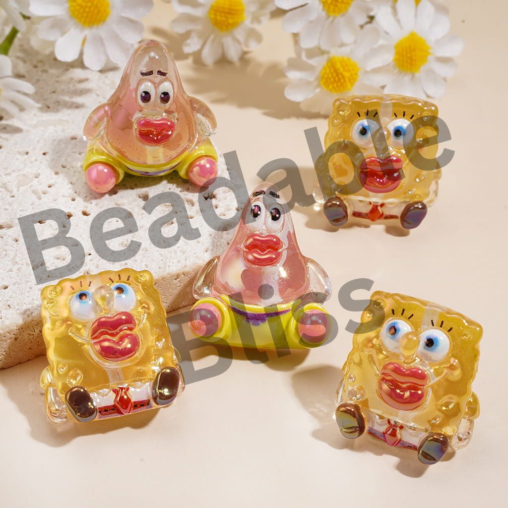 UV Coating Acrylic Beads w Yellow Sponge Cartoon Character Design, Glossy Clear Finish