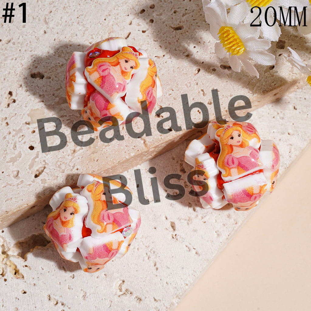 Clay Beads with Classic Animation Pretty Princess Character and AB Rhinestones, 20MM Multi-Color