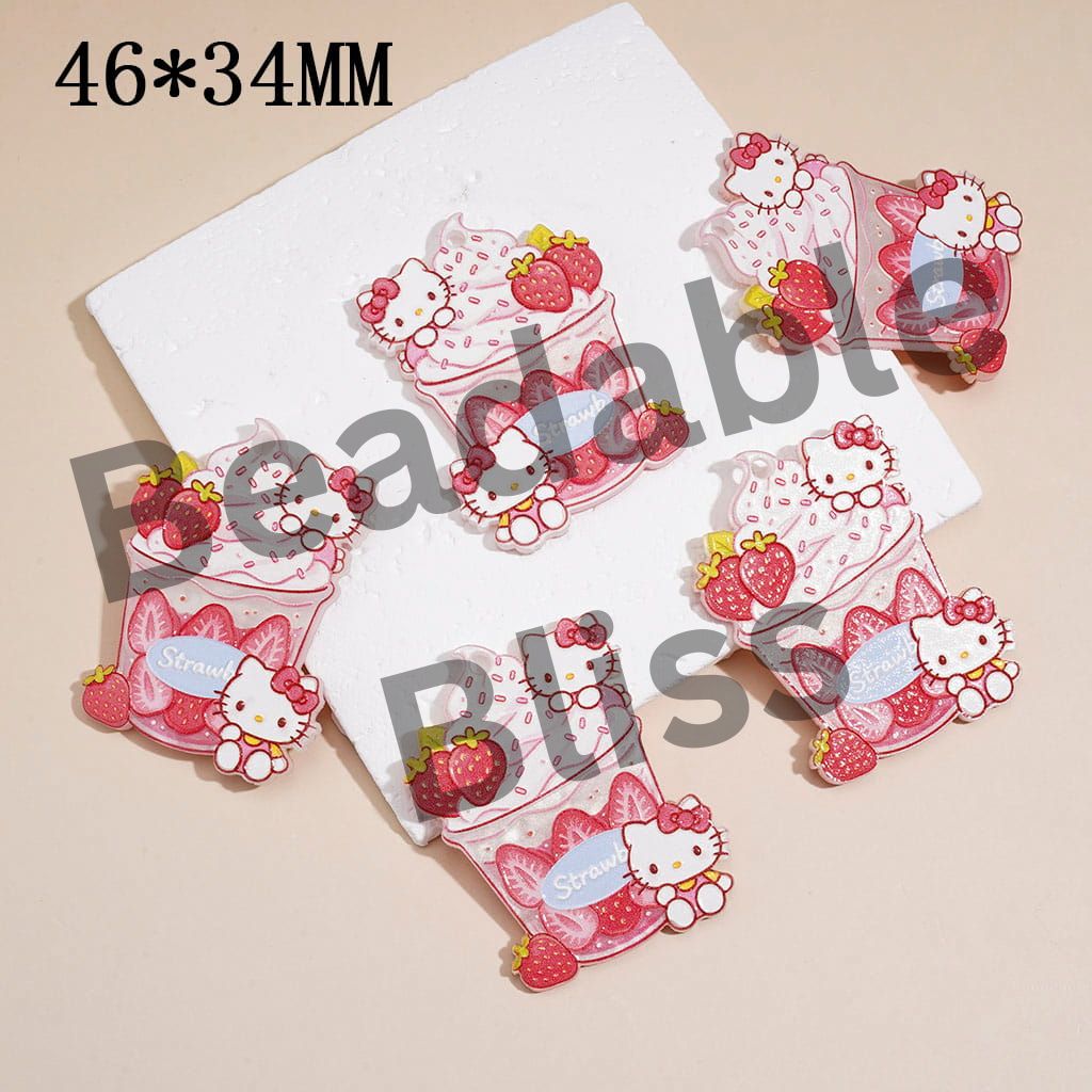 Acrylic Charms Pendants w Cute Cat Character & Strawberry Ice Cream Cup Design, 46*34MM