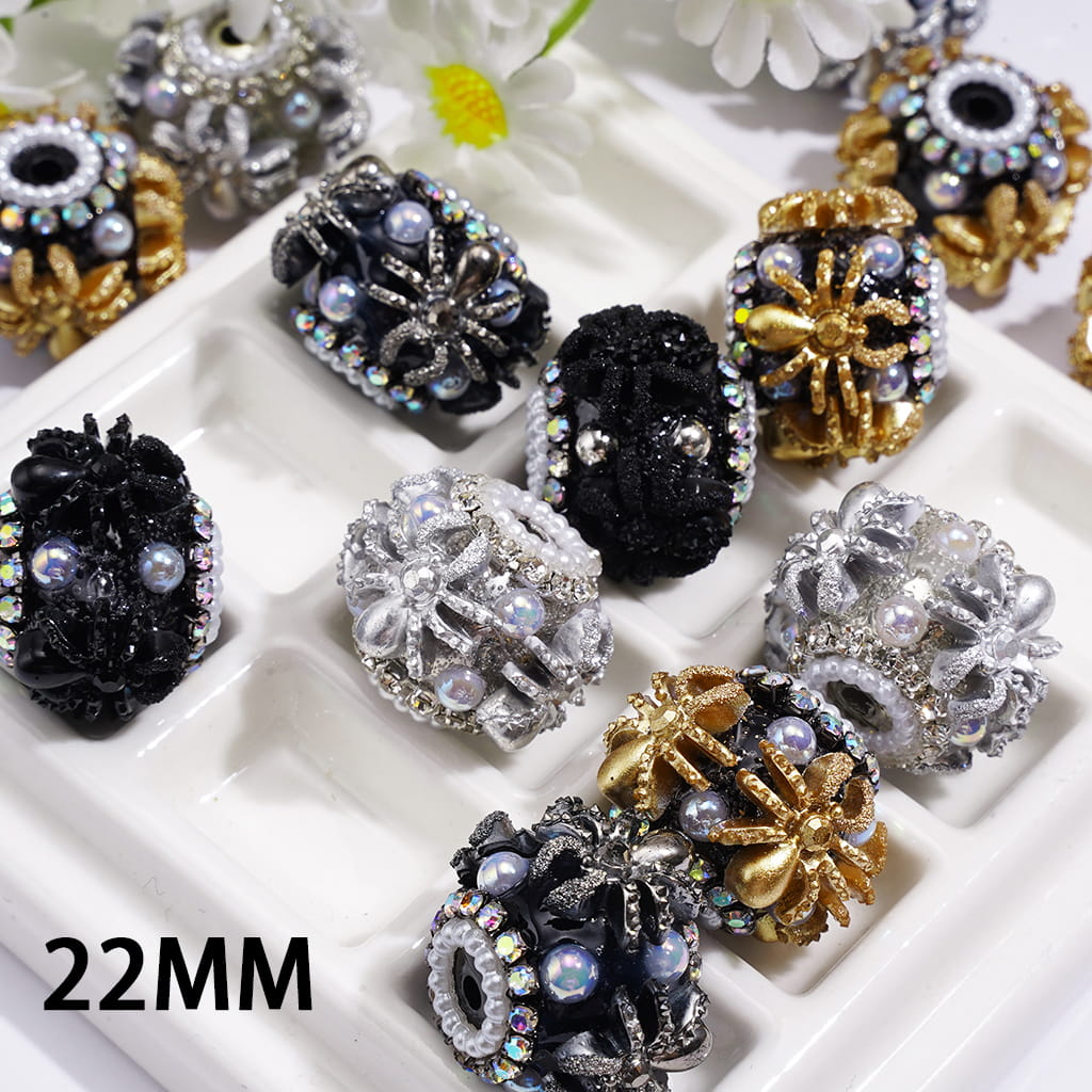 Hand-Made Acrylic Beads with Spider Charm, White Half-Pearls and AB Rhinestone Chain, 22MM
