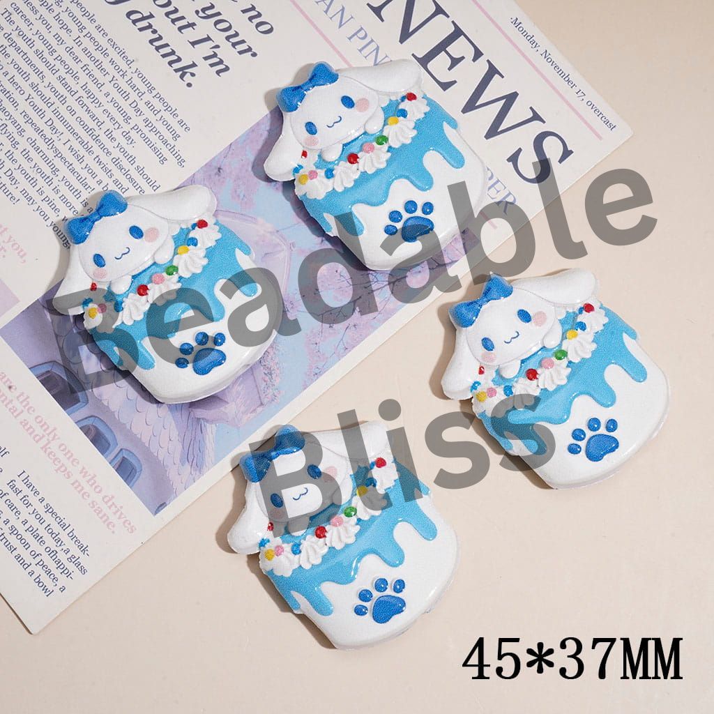 Acrylic Beads with Big-Eared Dog on Cream Cake, Textured Design, 45*37MM