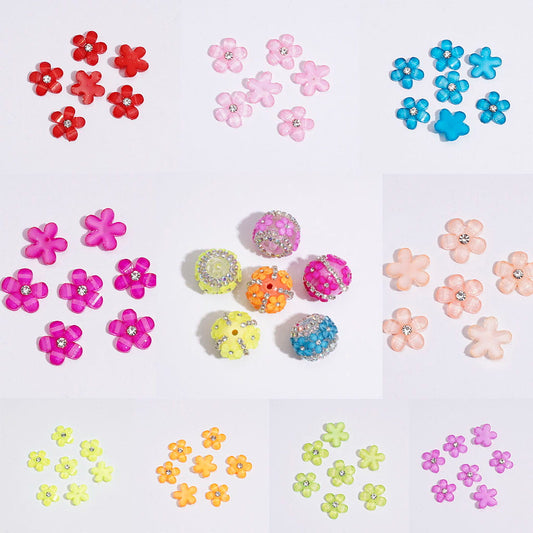 Fluorescence Color Five-Petaled Flower with Clear Rhinestone Can DIY For Flower Pen & Beads, Jewelry Accessories, 8*8MM Multi-Color (Please Read the Description)