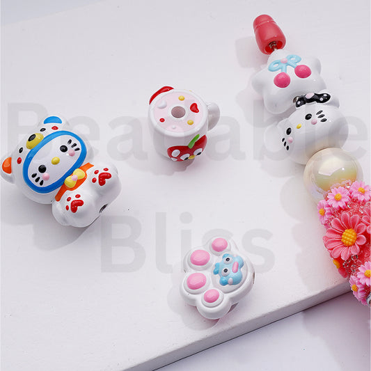 Cute Hand Painted White Color Series Hell Kitt Paw Prints Cup Star Acrylic Beads Mix