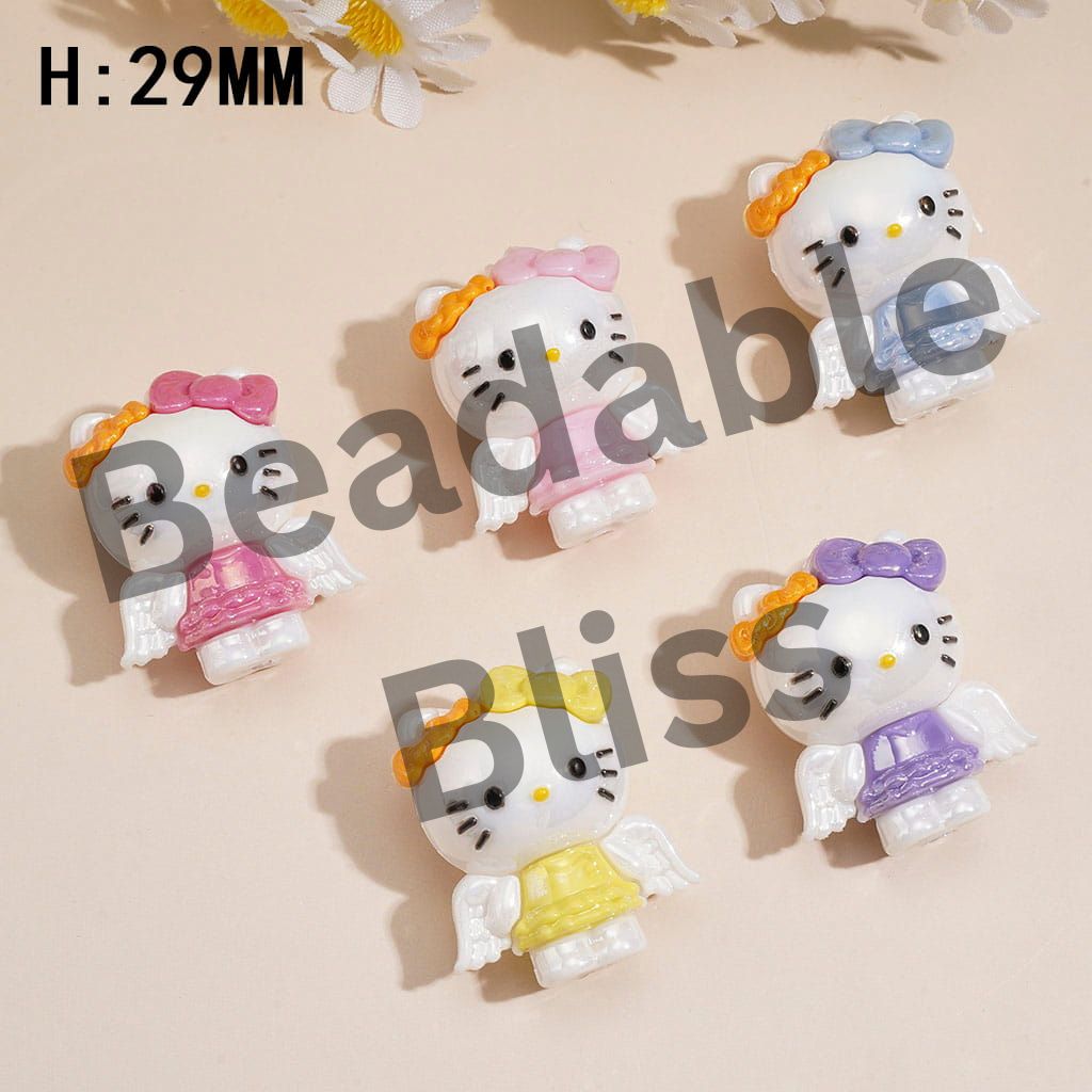 Soft PVC Rubber Beads Cute Cat Character w Angel Wings & Bow Detail, Height 29MM, Random Mix