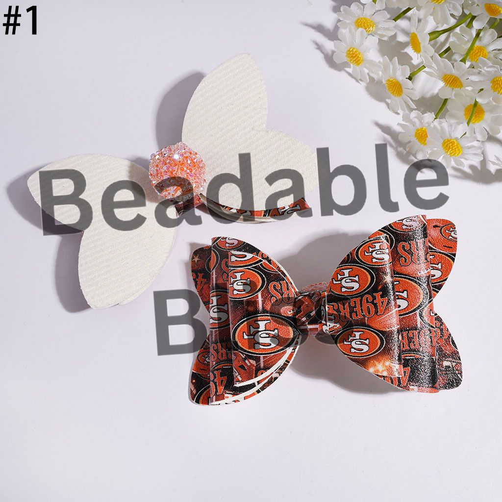 Acrylic Sugar Beads with AB Rhinestone Clear Ball Chains, Fabric Bowtie with American Football Team Pattern Print