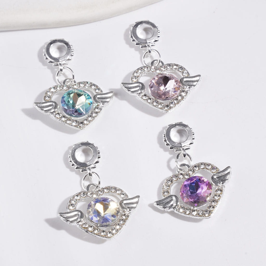 Silver Alloy Bail Beads, Charm Pendant Heart Frame with Rhinestones and Angel Wings, Random Mix