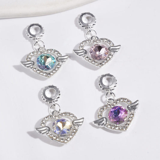 Silver Alloy Bail Beads, Charm Pendant Heart Frame with Rhinestones and Angel Wings, Random Mix