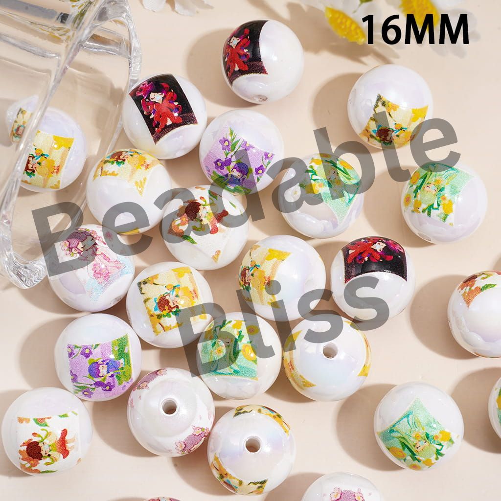 UV-Coated Acrylic Beads for Bracelet with Traditional Style Girl Character Print, 16MM, Random Mix
