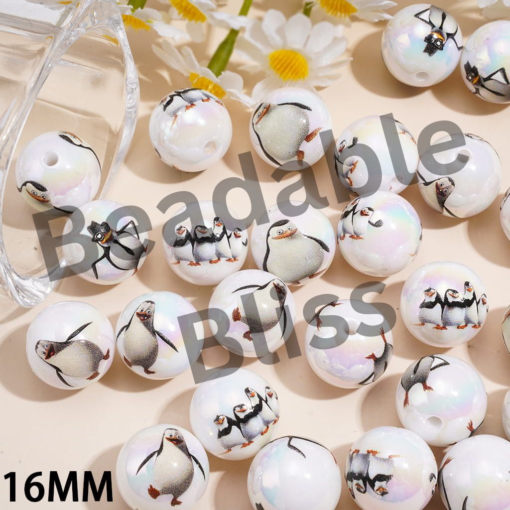 UV Coated Acrylic Beads for Bracelet with Cute Penguin Character Print, 16MM, Random Mix